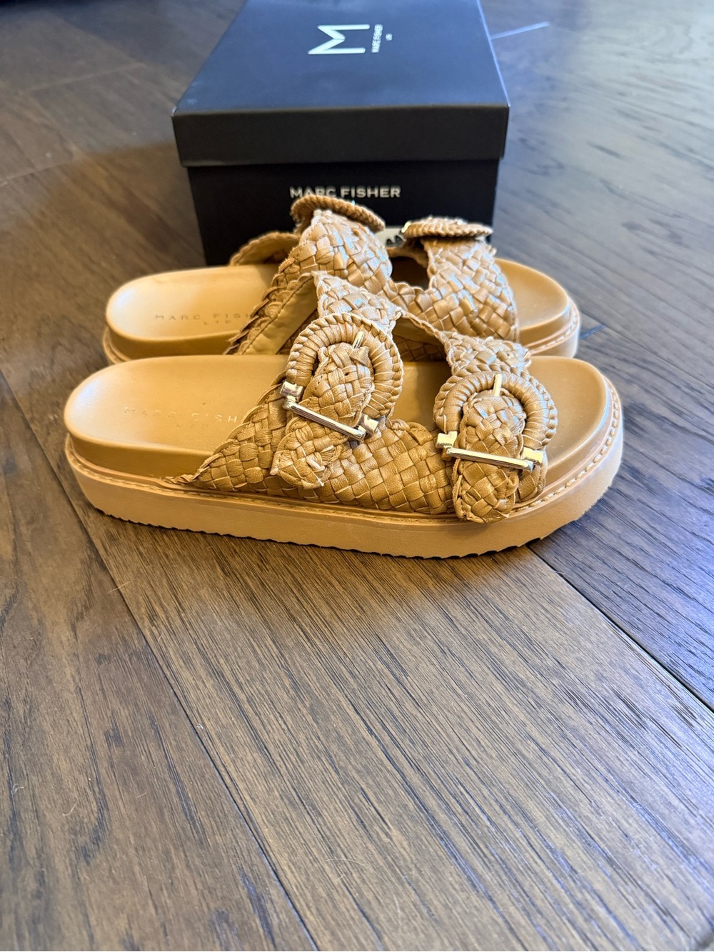 Marc Fisher Auggie, Tan Braided Slide Sandals